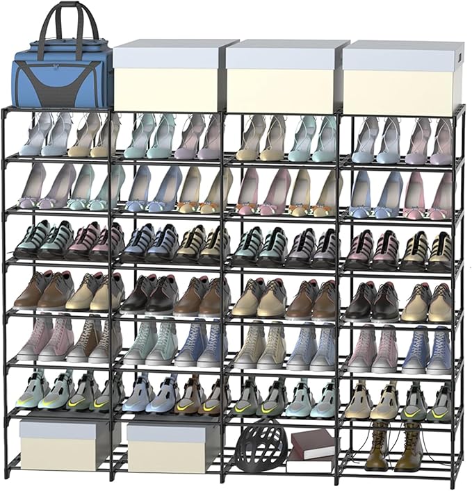Large Shoe Rack Organizer, 4-Row 8-Tier Tall Shoe Storage Shelf for Closet, Entryway, Garage, Metal Free Standing Shoe Holder