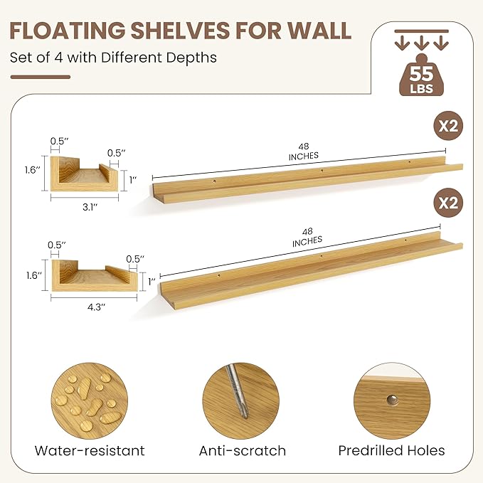 Fun Memories Picture Ledge Shelf, Floating Shelves Set of 4, 48 Inch Picture Shelves for Wall with Ledge, Large Nursery Book 