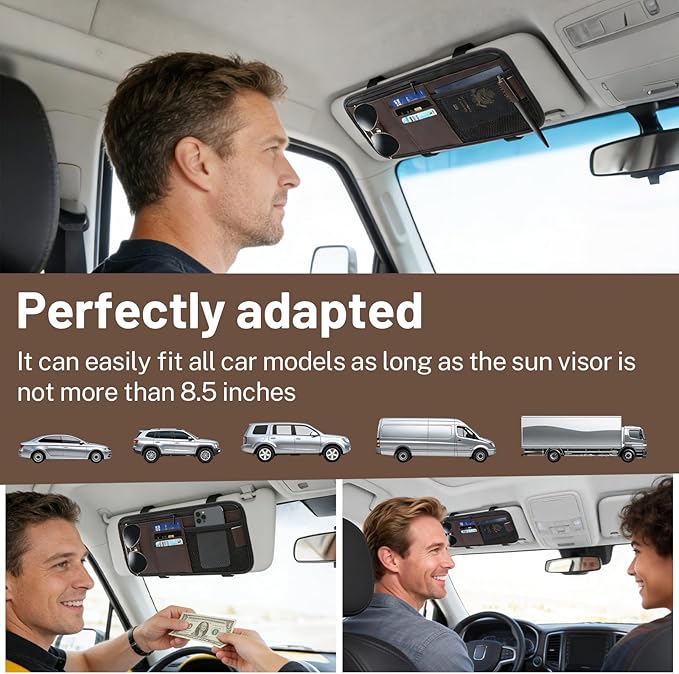 Car Visor Organizer,Premium Leather with a Hidden Zip Pocket, Sunglasses Organizer,3 Card Slots and a Stretch Mesh Pocket,Easy Installation,Compatible with Car Accessories for Vehicle, SUV, Truck