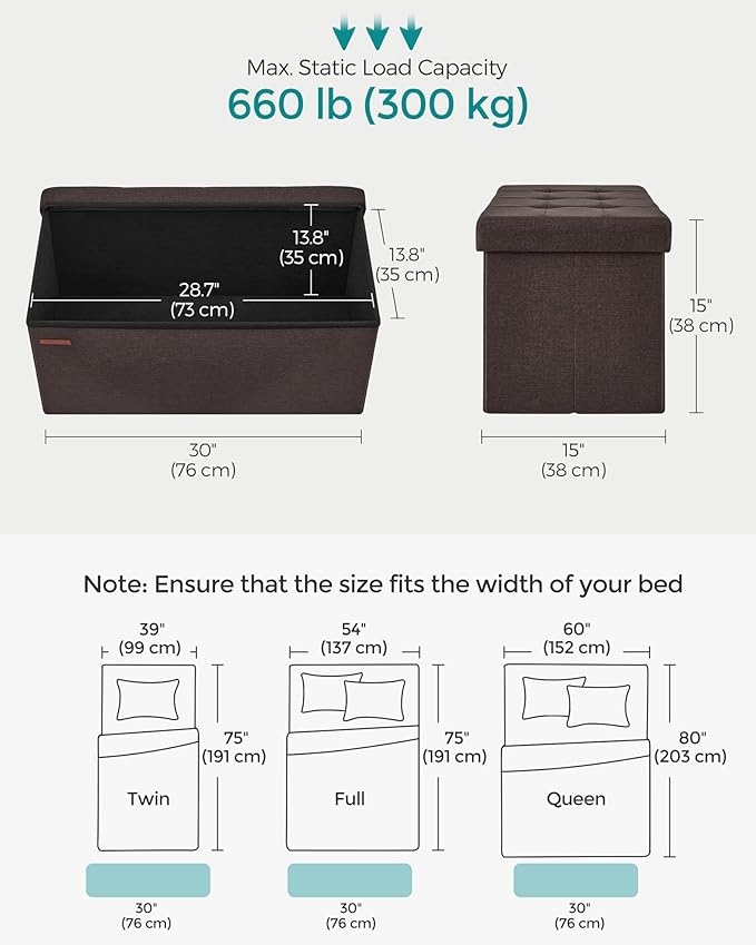 SONGMICS Mazie Collection - 30 Inches Folding Storage Ottoman Bench, Ottoman Foot Rest, End of Bed Bench, Storage Chest, Load