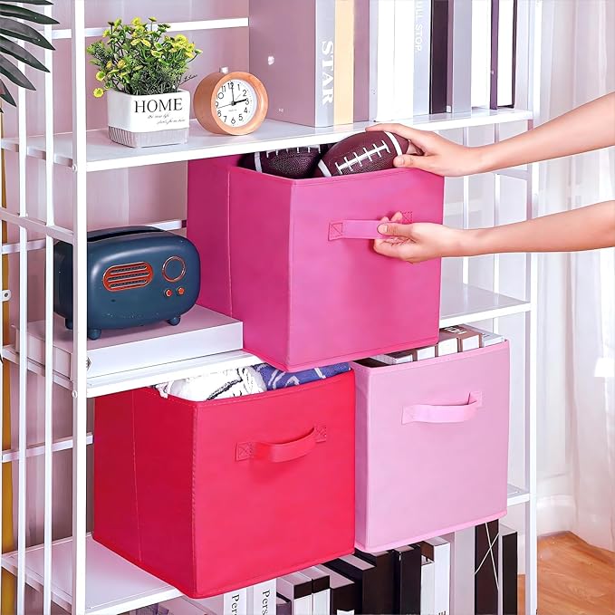 Karenhi 11" x 10. 5" x 10. 5" Pink Storage Cube, 6 Pack Fabric Cube Storage Bins Organizer Box, Collapsible Baskets with Hand
