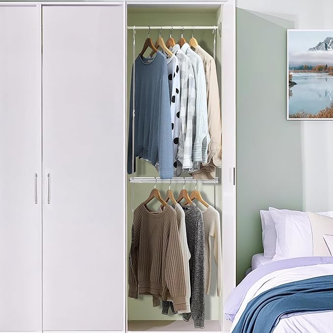 STORAGE MANIAC Hanging Closet Rod, Adjustable Width and Height Closet Hanging Organizer, Space-Saving Clothes Hanging Bar, Cl
