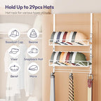 SWTYMIKI Over Door Hat Organizer - 3 Tier Wall Mounted Hat Rack with 2 Adjustable Metal Basket and 3 Hooks, Hanging Baseball 