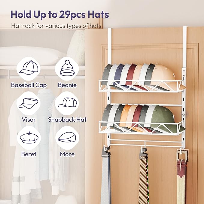 SWTYMIKI Over Door Hat Organizer - 3 Tier Wall Mounted Hat Rack with 2 Adjustable Metal Basket and 3 Hooks, Hanging Baseball 