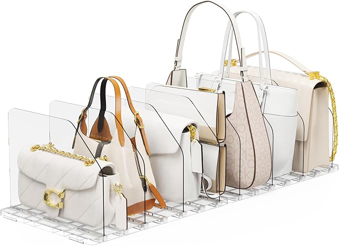 Bag & Purse Organizer for Closet, 2 Sets Adjustable Clear Handbag Storage Shelf, Plastic Clutch Dividers for Closet Organizer