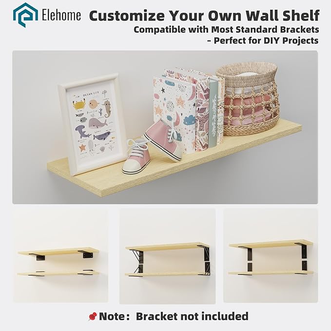 Floating Shelf Board for Wall 5/8" – No Brackets – 24" L x 10" W x 0.6" T Lite Oak Melamine Wood Floating Shelves for Bathroo