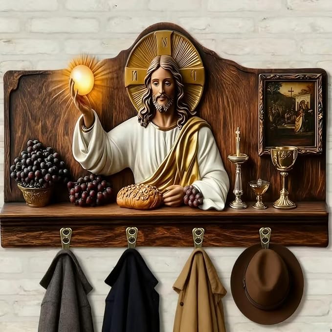 Wooden Multifunctional Home Key Holder, Wooden Keys Holder with Jesus Communion Theme, Religious Christian Home Decor Wall Mo