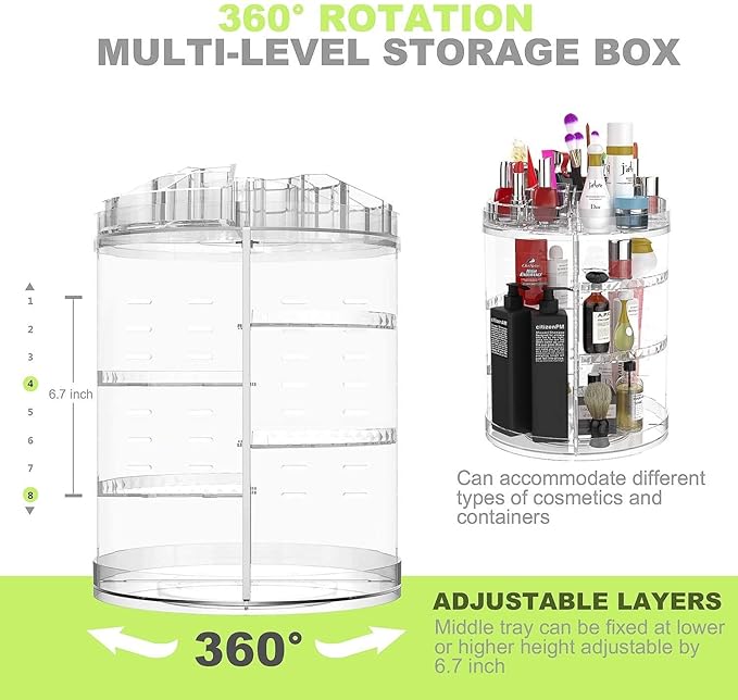 Boxalls Makeup Organizer Rotating, 8-Layer Large Capacity Cosmetics Organizer, 360 Adjustable Skincare Spinning Stand, Clear 