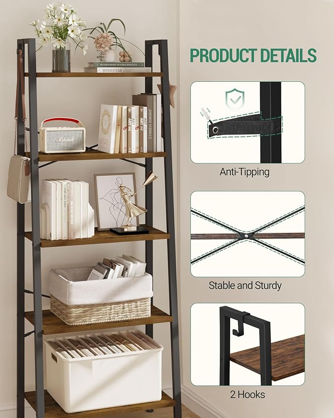 Hzuaneri Ladder Shelf, Bookshelf Bookcase, Freestanding Corner Storage Shelve with 2 Hooks for Home Office, Living Room, Kitc