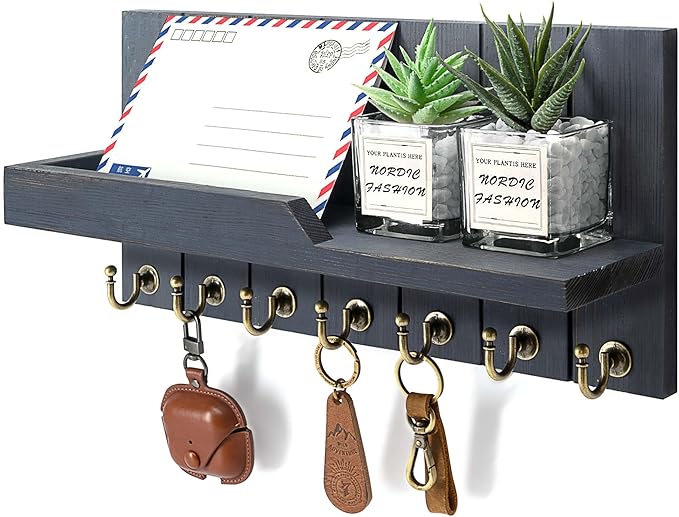 Pine Wood Key Holder Wall Mount for Home Decor - Stylish Key Holder for Wall with Shelf and 7 Key Hooks for Mail Organizer - 