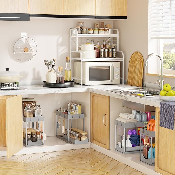 Simple Trending Under Sink Organizer 2 Pack, Sink Pull-Out Sliding Storage Cabinet, 2-Tier Under Shelf Organizer for Kitchen 