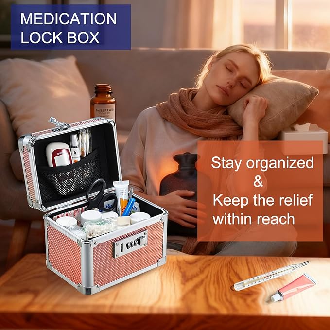 Adazzo Lockable Storage Box - Shiny Gold Medicine Med Lock Box, 7 * 5.25 * 5.75 Inches Safe Case with Combination Lock for Ho