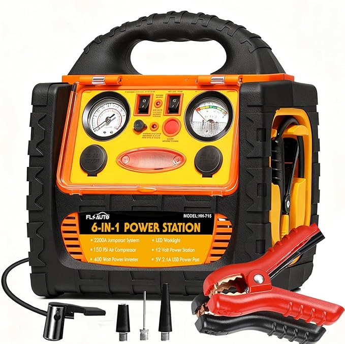 Jump Starter with Air Compressor 150PSI, Upgraded 2200A Peak 6 in 1 Portable Car Battery Booster, 12V Jump Box with 400W