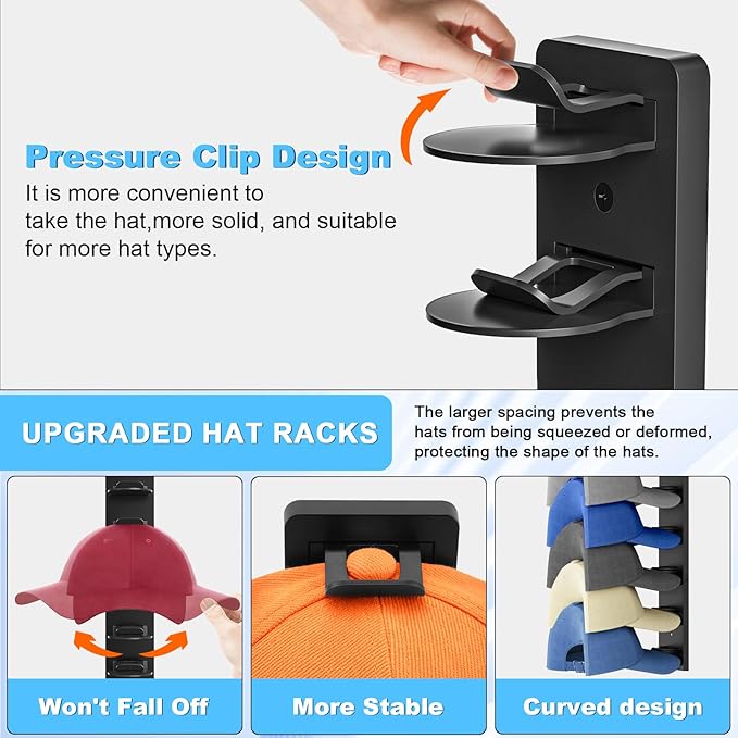 Eiito Hat Organizer for Baseball Caps, 2 Pack Strong Adhesive Hat Rack for Wall, Multilayer Hat Storage Display Holder, Wall 