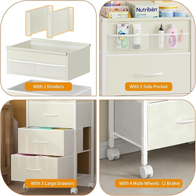 4-Tier Baby Diaper Caddy Organizer Cart with 3 Storage Drawers, Rolling Cart with Dividers & Side Pockets for Nursery, Baby E