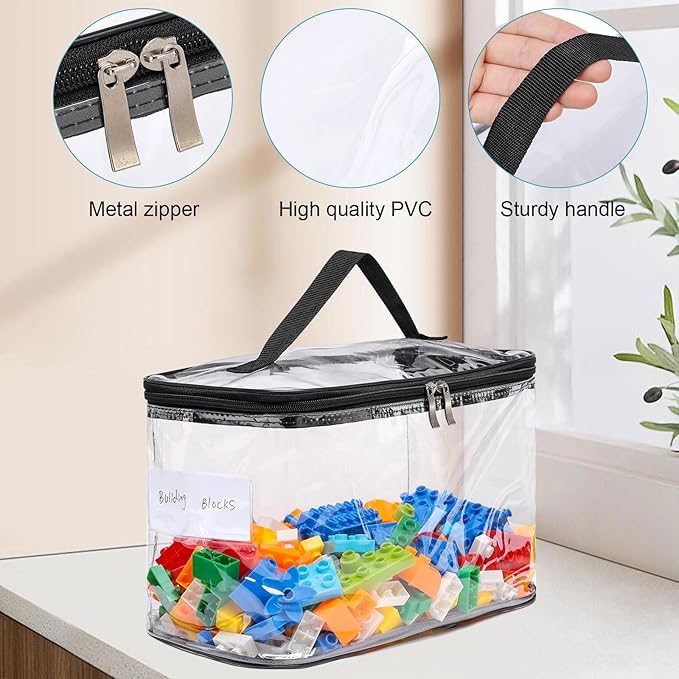 8 Pack Large Clear Storage Bag for Toys with Name Tag, Waterproof Duty PVC Toy Organizer Case for Board Games, Building Block