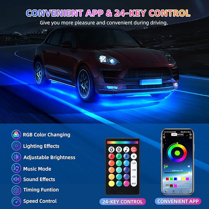 4 Pcs RGB Underglow LED Lights for Cars Truck SUV Golf Cart UTV ATV, 12V Waterproof Multicolor Underbody Neon Accent Strip Lights Kit with APP/RF Remote Control, Music Sync, Brake Lights