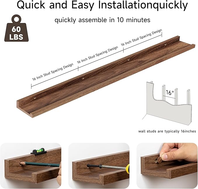 Fun Memories Picture Ledge Shelf, 60 Inch Floating Shelves Set of 2, Large Nursery Book Shelves for Toys Storage, Kids Booksh