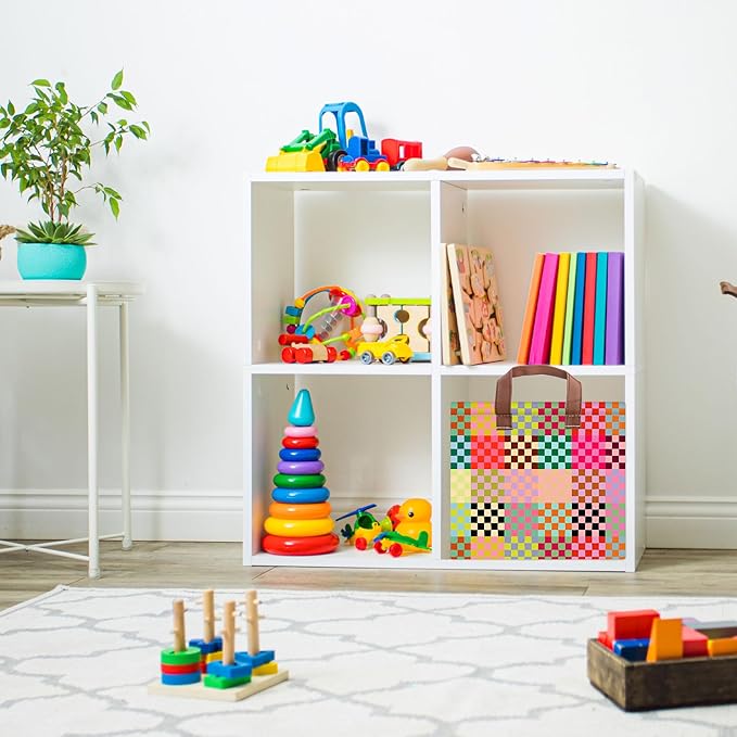 Colorful Checkered Storage Basket Waterproof Canvas Toy Storage Bin Checkered Home Decor Collapsible Outdoor Basket with Leat