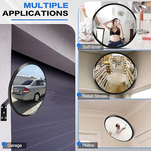 12” Acrylic Convex Mirror Convex Security Corner Mirrors, Adjustable Fixing Bracket with Wide Angle, Indoor Outdoor Curved Safety Mirror for Room Driveway Parking Garage Office