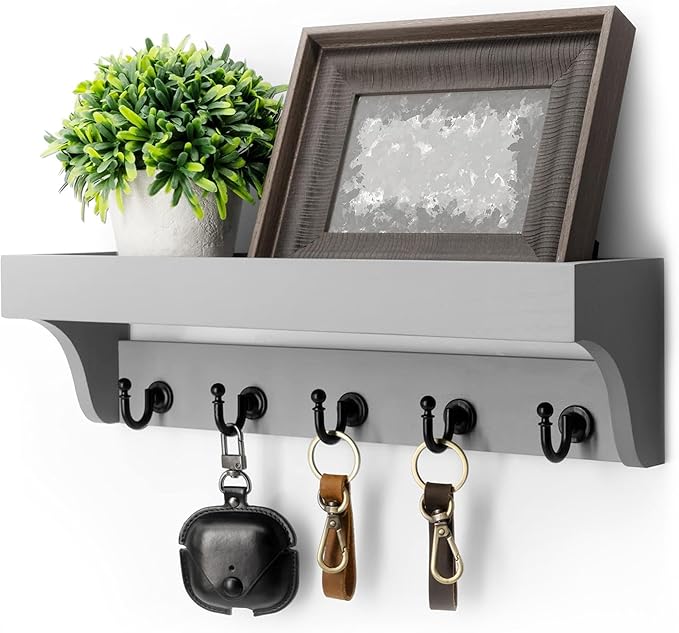 Rebee Vision Decorative Key Holder for Wall - Modern Farmhouse Wall Mount Mail Organizer Keys Hanger with Floating Shelf, 5 R