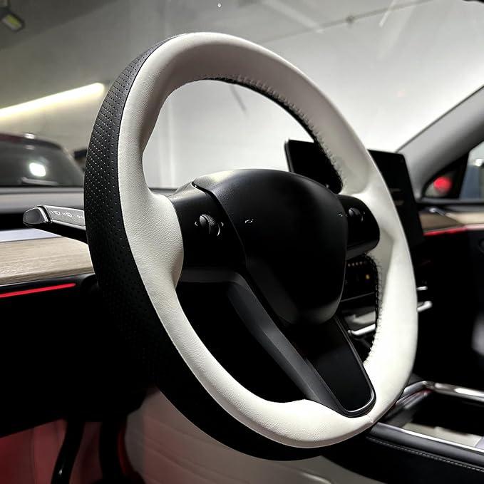 MEWANT Hand Stitched Real Leather Steering Wheel Cover for Tesla Model 3 2017-2023 / Model Y 2020-2023 for Tesla Model 3/Y Accessories(3D Style)