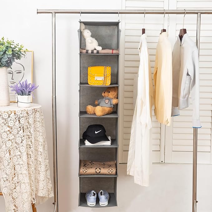 BrilliantJo 6 Shelves Hanging Closet Organizer, 2 Pack Hanging Storage with 4 Side Pockets for Clothes Shoes, 43.5"x12"x12"(G