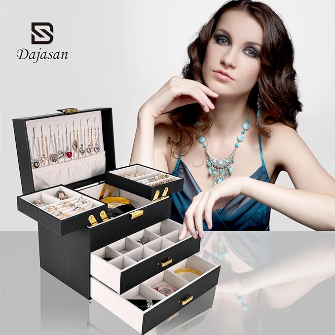 Dajasan Jewelry Organizer Box, Large Jewelry Boxes for Women Girls, Space-Saving 4 Layers Jewelry Storage Case with Drawer, M