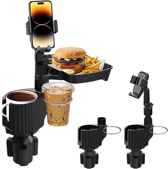 Car Cup Holder Tray - 4 in 1 Car Cup Holder Expander with Metal Cupholder, Adjustable Food Tray and Phone Mount for All Purpo