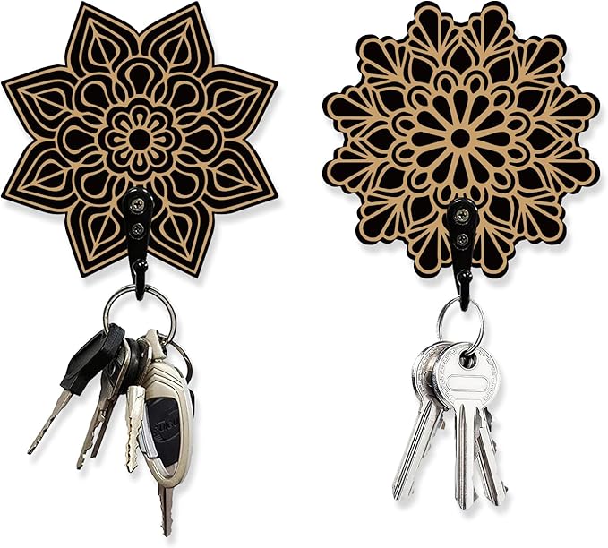 AHANDMAKER Wood Mandala Key Holder, 2 Sets, Wall Mount, Bohemian Style, 2 Hooks, Key Organizer Decorations, Home Decor, 3.9x3