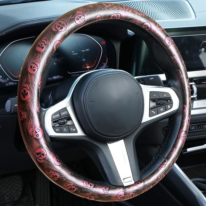 Embossed Skull Steering Wheel Cover, Skull Car Accessory, Microfiber Leather with Anti-Slip Lining, Fits 14.5"-15" Steering Wheels (Red Black)