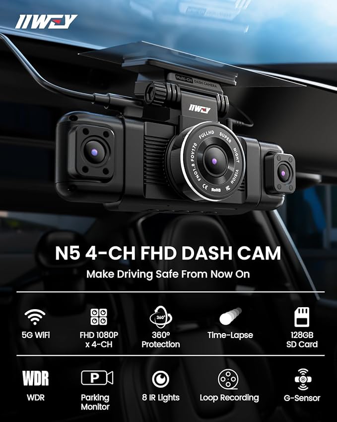 IIWEY N5 4 Channel Dash Cam 360° View, 1080P Front and Rear Inside, Left Right Dash Camera for Cars, 8 IR Lamps Night Vision,