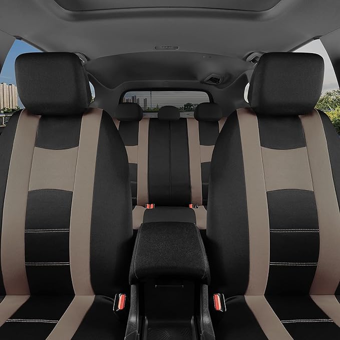 BDK carXS Seat Covers for Cars, Beige Two-Tone Car Seat Covers with Matching Back Seat Cover, Made to Fit Most Auto Truck Van