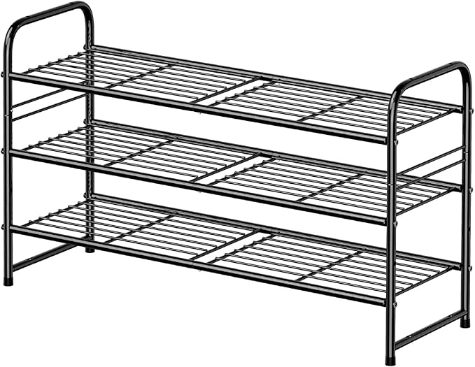 Shoe Rack, 3 Tier Metal Shoe Shelf Organizer for Entryway, Floor, Stackable & Height-Adjustable, Black