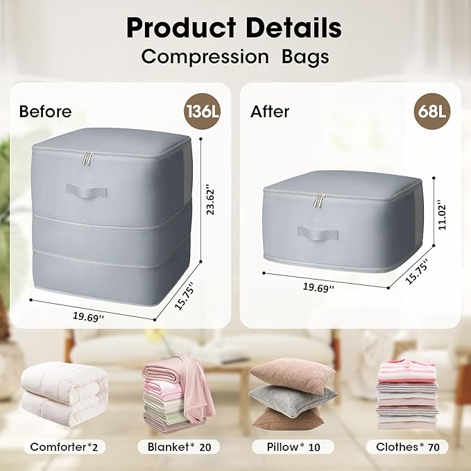 2 Pack Comforter Storage Bag, 136L Blanket Storage Bags Self Compression Comforter Organizer and Storages, Space Saving Washa