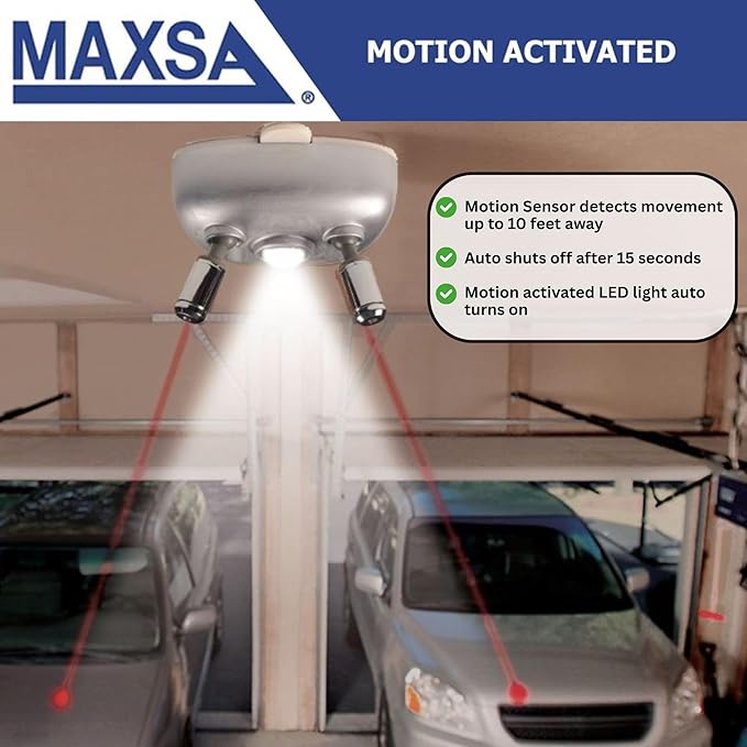 Maxsa 37314 Park Right Dual Laser Parking Guide for Garage with Adjustable 360-Degree Lasers, Motion Activated with LED Light, AC Adapter and Battery Backup, Car and SUV Parking Guide, Silver