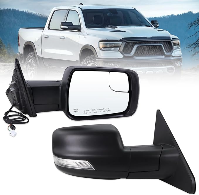 Right Passenger Side Mirror Compatible With 2019-2026 Ram 1500 With Power Folding Power Glass Heated Turn Signal Puddle Light Matte Black Replace#68276500AH (8+2Pins)