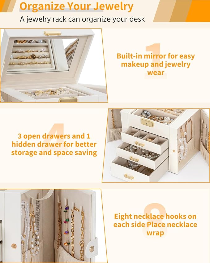 AKOZLIN 4-Tier Jewelry Box Leather Jewelry Storage Organizer with 3 Drawers Lockable for Women Girls Ring Necklace Earring Br