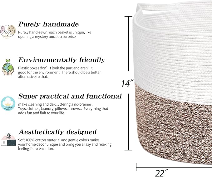 R RUNKA Extra Large Cotton Rope Basket 22" x 14" - Toy Basket for Kids -Blanket Basket for Living Room - Woven Baskets for St