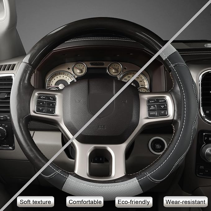 West Llama Customized Auto Car Steering Wheel Cover with 3D Texture for Dodge RAM 1500 2500 3500, 15.5-16 inch(Black+Gray-Lar
