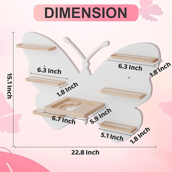 White Butterfly Tonie Shelf Wall Mounted - Tonies Wall Shelf for Toniebox, Charging Station, Magnetic Wood Display Floating S