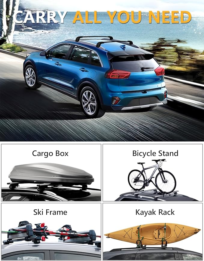 Tuyoung 220lbs Lockable Roof Rack Cross Bars Compatible with KIA NIRO 2017 2018 2019 2020 2021 2022, Heavy Duty Aluminum Roof Rails Crossbars Cargo Bars Canoe Snowboard Rooftop Black Carrier Luggage