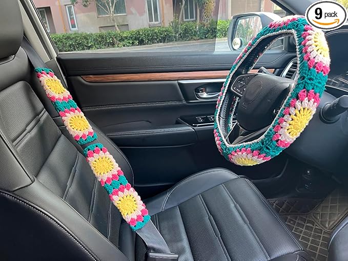 Crochet Sunflower Car Steering Wheel Covers Universal 14-15 inch for Women/Men (C:Wheel Cover+2 Belt Cover)