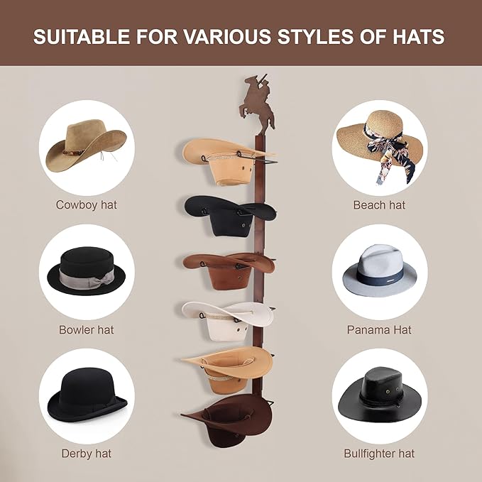 Cowboy Hat Rack Holder for Wall - Wild Western Style Design Hat Organizer with 6 Hat Hooks for Wall Mount, Hat Stand and Hang