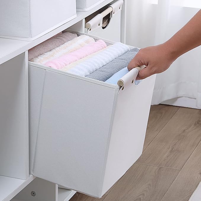 HOONEX Large Collapsible Storage Bins, Linen Fabric, Pack of 2, Storage Baskets with Wooden Carry Handles and Sturdy Heavy Ca