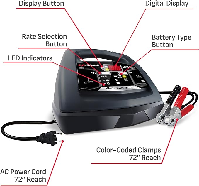 Schumacher Electric 6A Car Battery Charger and 100A Engine Starter, 6-in-1 Solution, Maintainer, 30A Boost, for 6V/12V Power