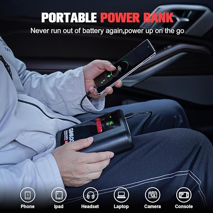 GOOLOO A2 8-in-1 Jump Starter with Air Compressor, Car Battery Booster (Up to 8L Gas/6L Diesel) 150 PSI Cordless Auto-Shutoff Tire Inflator, 12V Supersafe Lithium Jump Box with Jumper Cables