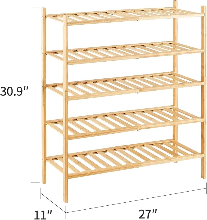 5-Tier Bamboo Shoe Rack for Entryway, Stackable | Heavy Duty | Multi-Function, Free Standing Shoe Racks for Bedroom Hallway C