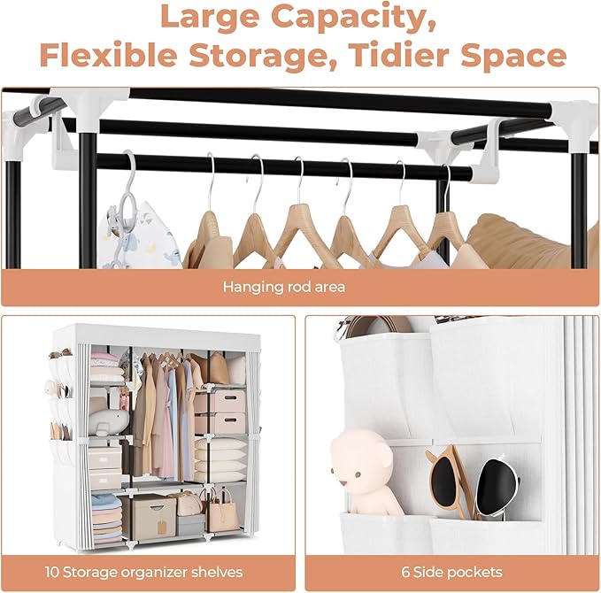 VTRIN Portable Closet Wardrobe for Hanging Clothes 57.3 Inch Large Capacity Clothes Rack with Cover, 10 Storage Organizer She