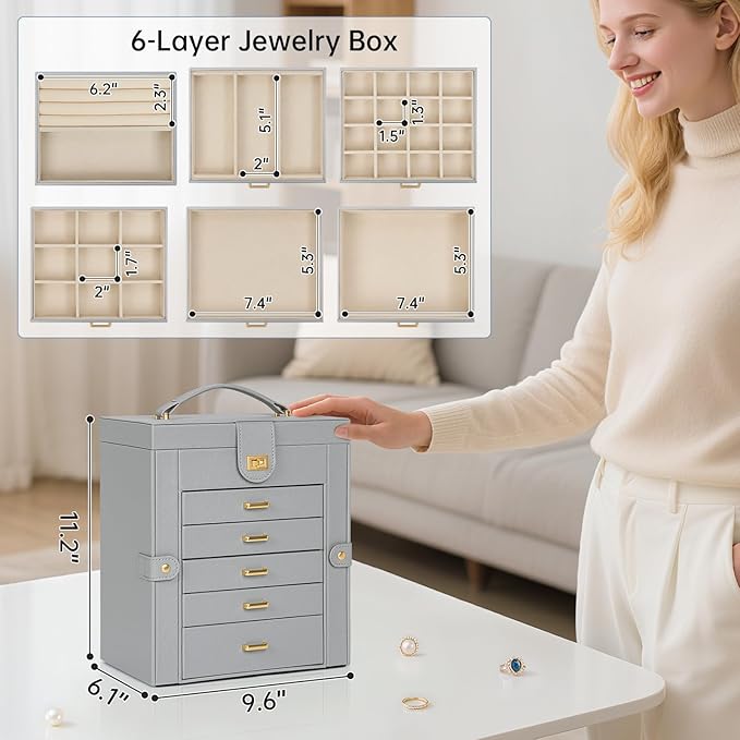 AKOZLIN 6-Tier Jewelry Box Organizer Functional 5 Drawers Leather Jewelry Storage Case for Women Girls Ring Necklace Earring 